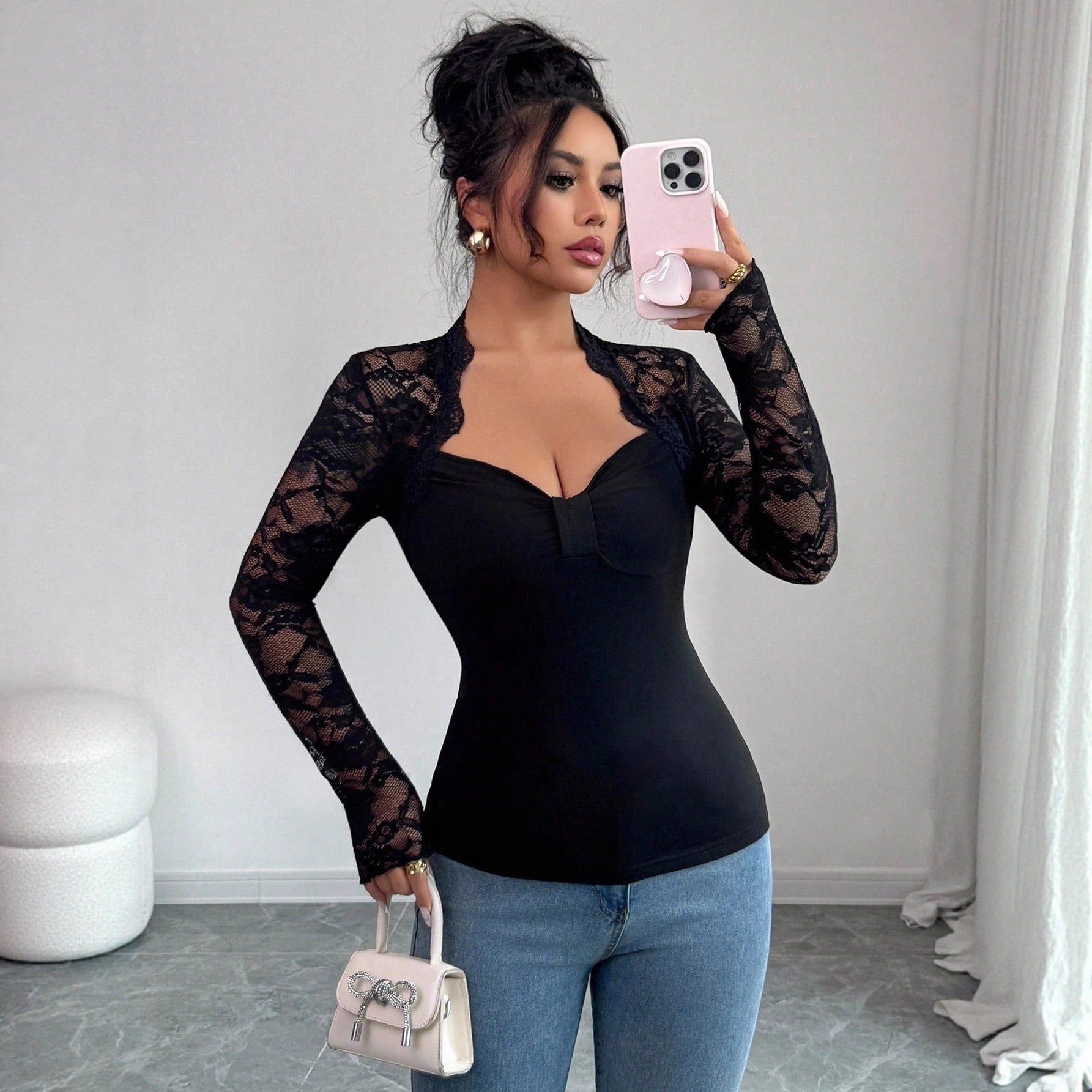 Womens Solid-Color Lace-Panel Knitted Long-Sleeve Slim-Fit T-Shirt Clarke Vibe Store