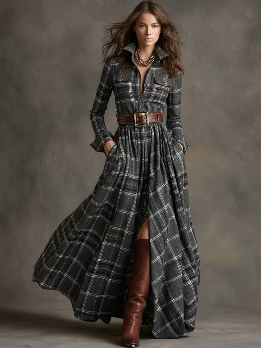 Ins Plaid Print Long-Sleeved Dress Fashion Pockets Collared Buttons Shirt Long Dresses Retro Women's Clothing Siqur Salute