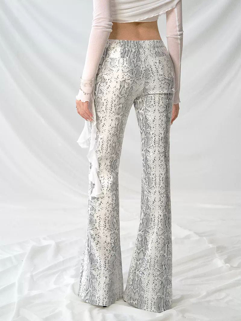 Low Rise Snake Print Sequin Slim Fit Flared Pants Clarke Vibe Store