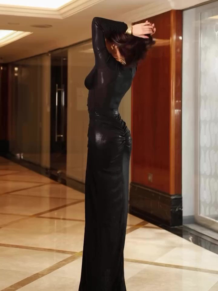 Deep V Long Sleeve Pleated Maxi Dress Clarke Vibe Store