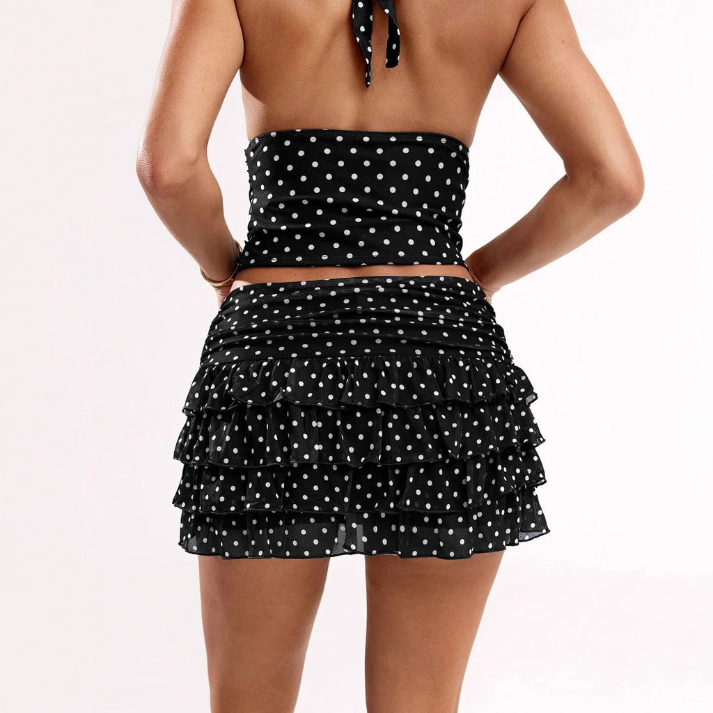 Polka-dot Printed Halterneck Vest And Ruffled Hem Mini Skirt Set Clarke Vibe Store