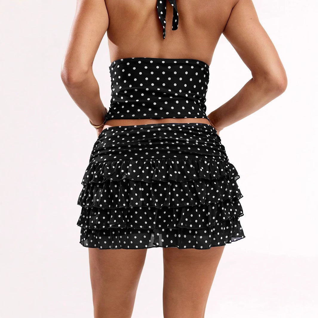 Polka-dot Printed Halterneck Vest And Ruffled Hem Mini Skirt Set Clarke Vibe Store