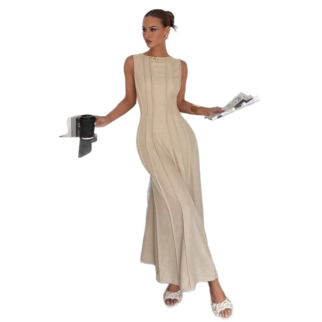 Womens Sleeveless Crew-Neck Pleated Elegant Stylish Maxi Dress Clarke Vibe Store