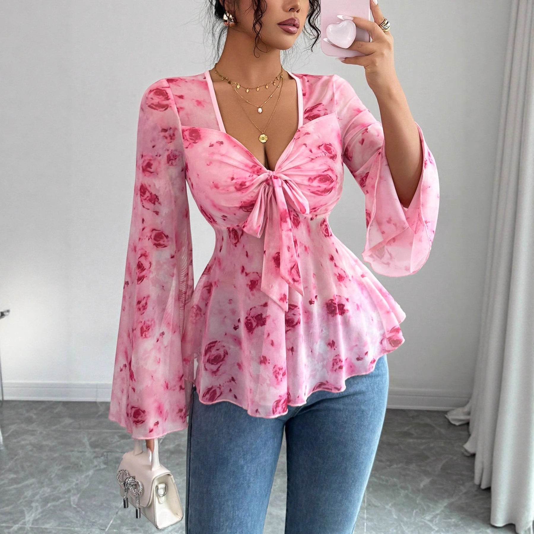 Womens Mesh Red Rose Print V-Neck Top Siqur Salute