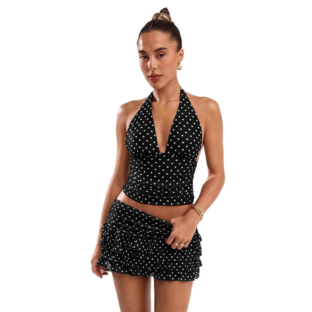 Polka-dot Printed Halterneck Vest And Ruffled Hem Mini Skirt Set Clarke Vibe Store