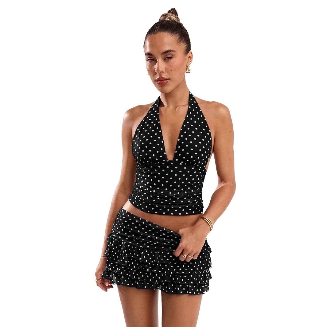 Polka-dot Printed Halterneck Vest And Ruffled Hem Mini Skirt Set Clarke Vibe Store