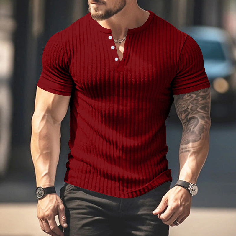 Men's Short Sleeve Top Sunken Stripe V-neck Slim Fit Henley T-shirt Siqur Salute