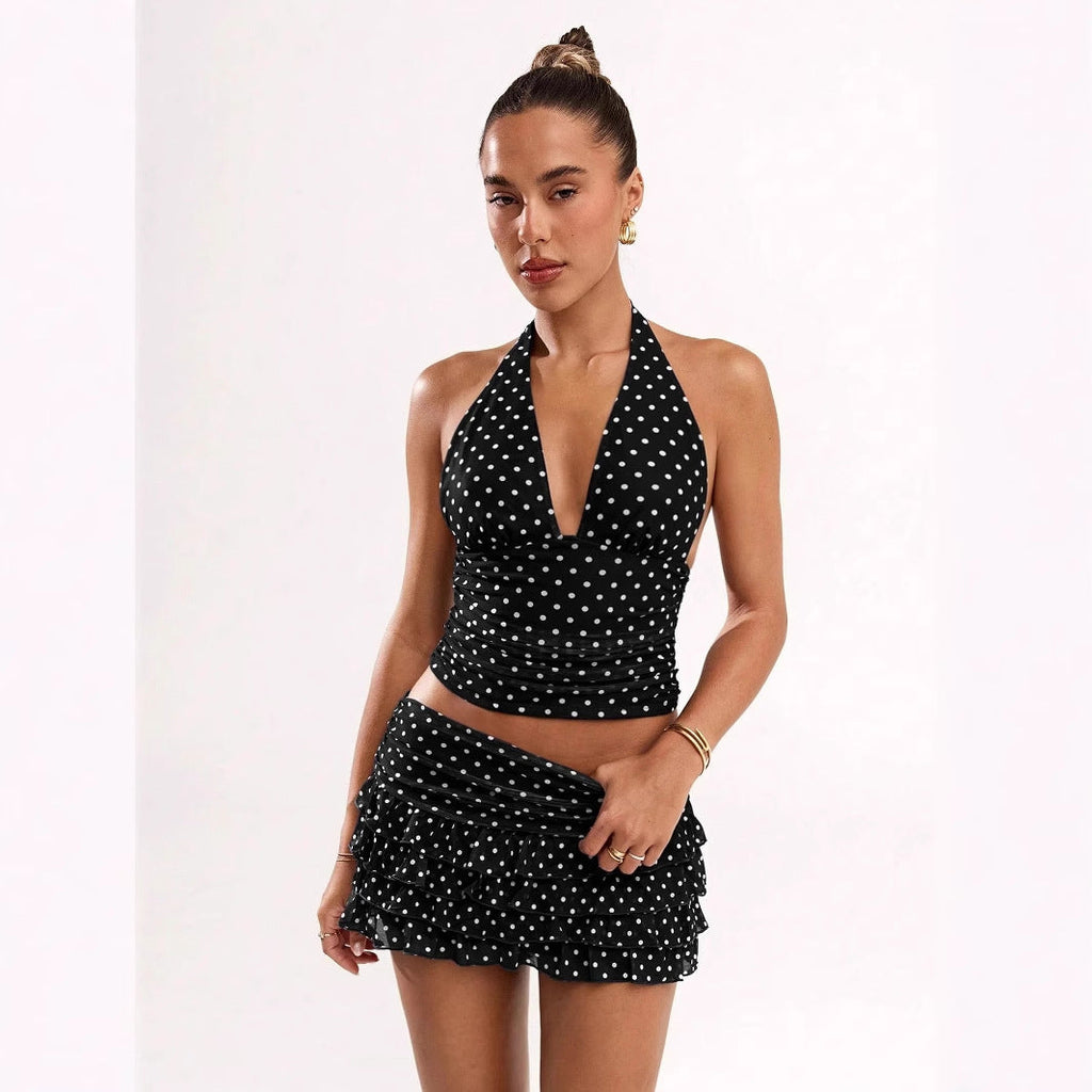 Polka-dot Printed Halterneck Vest And Ruffled Hem Mini Skirt Set Clarke Vibe Store