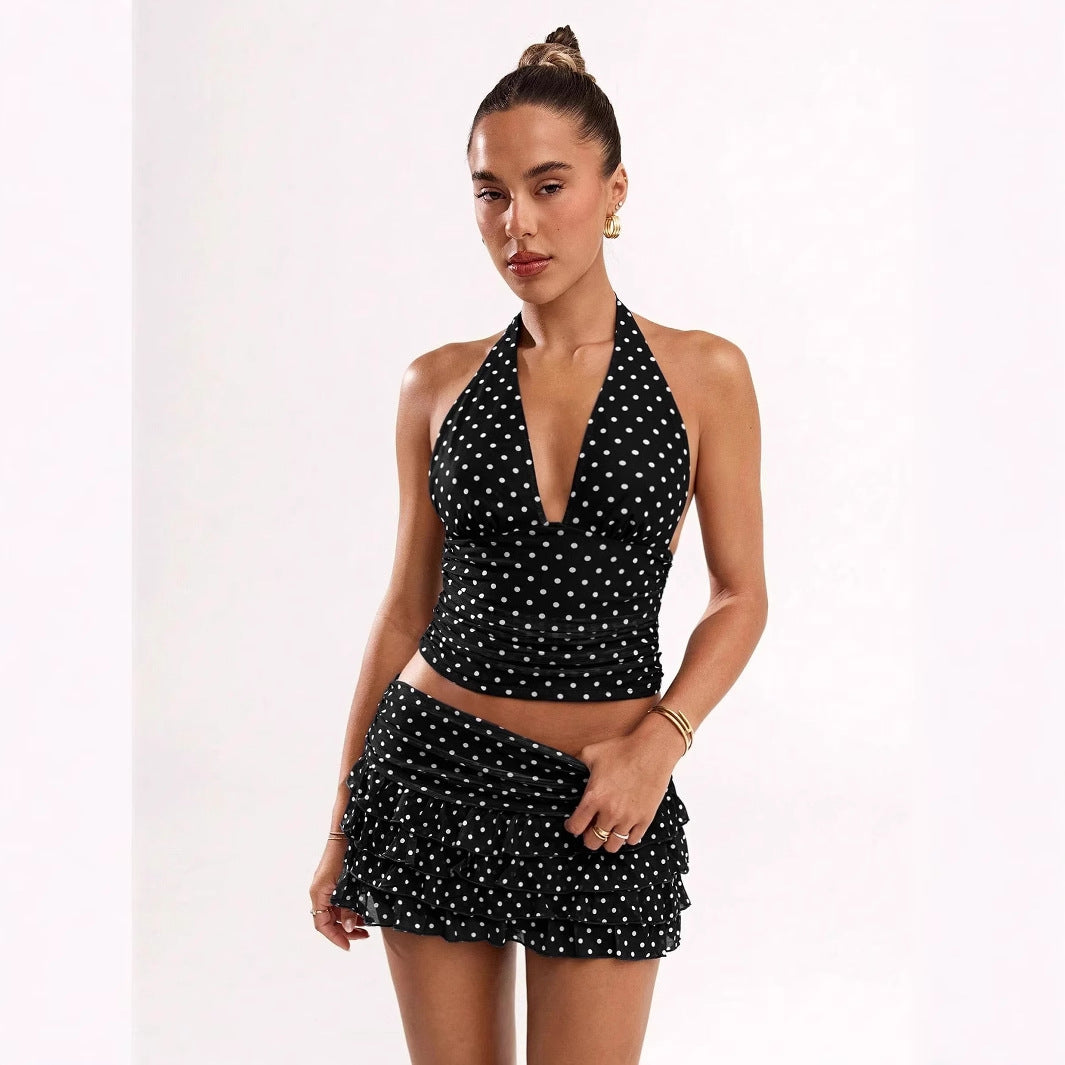 Polka-dot Printed Halterneck Vest And Ruffled Hem Mini Skirt Set Clarke Vibe Store
