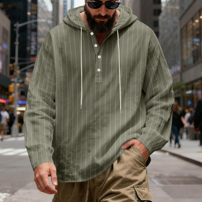 Mens Loose-Fit Plus-Size Casual Linen Striped Hooded Shirt Siqur Salute