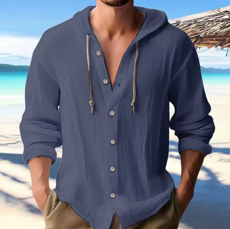 Cotton And Linen Shirt Hooded Sweater Button Long Sleeve Clarke Vibe Store