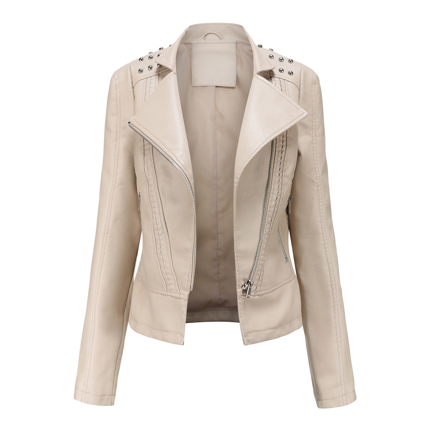 Beaded Leather Women's Long-sleeved Fashion Jacket Lapel Motorcycle Clothing Thin Women's Jacket Clarke Vibe Store