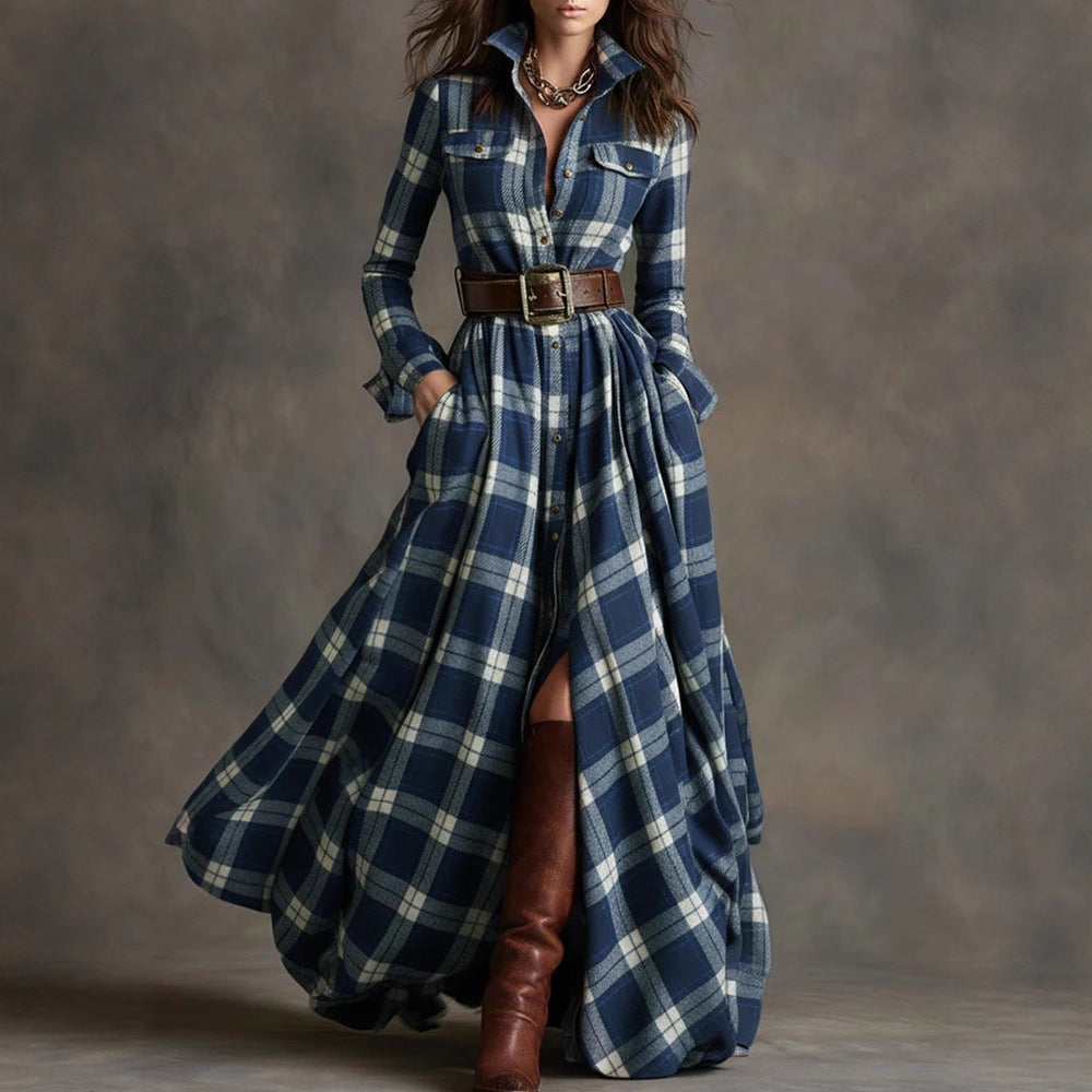 Ins Plaid Print Long-Sleeved Dress Fashion Pockets Collared Buttons Shirt Long Dresses Retro Women's Clothing Siqur Salute