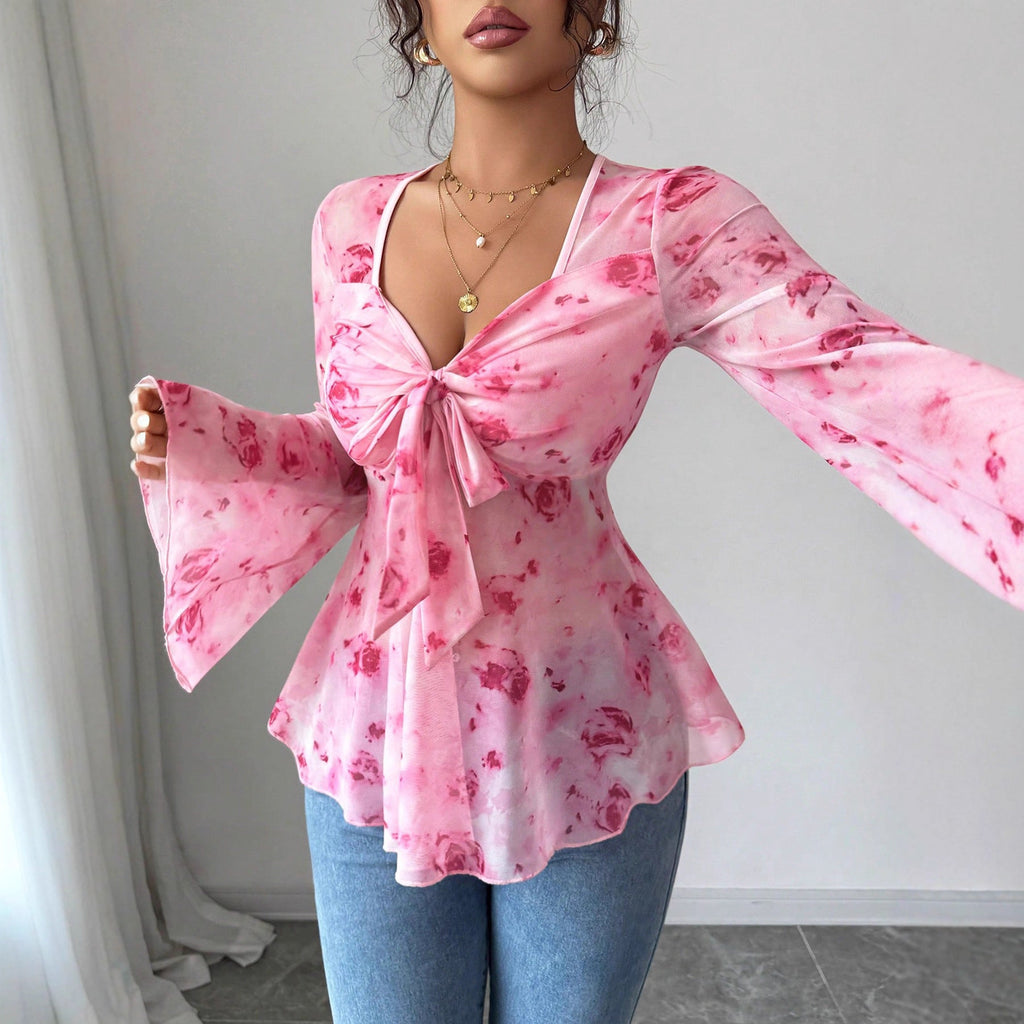 Womens Mesh Red Rose Print V-Neck Top Siqur Salute