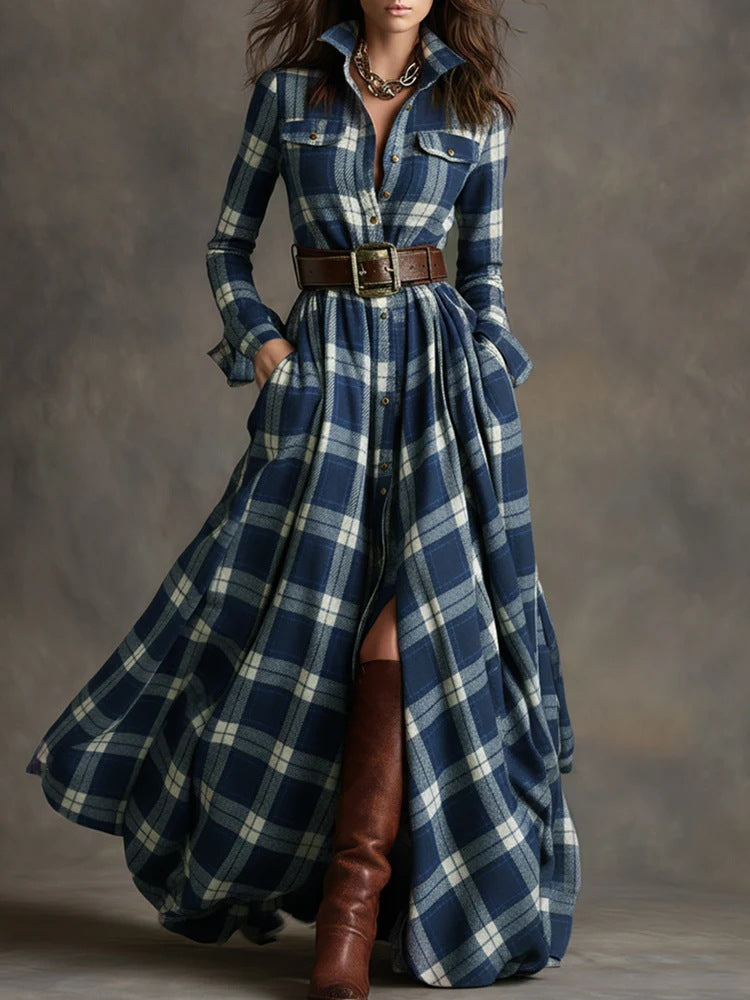 Ins Plaid Print Long-Sleeved Dress Fashion Pockets Collared Buttons Shirt Long Dresses Retro Women's Clothing Siqur Salute