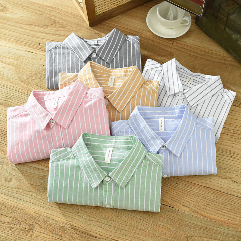Simple Versatile Striped Oxford-cloth Long-sleeve Mens Casual Loose-fit Cotton Shirt