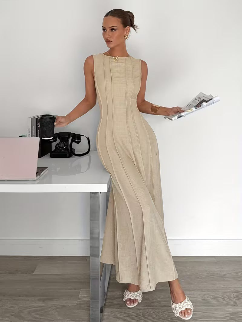 Womens Sleeveless Crew-Neck Pleated Elegant Stylish Maxi Dress Clarke Vibe Store