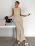 Womens Sleeveless Crew-Neck Pleated Elegant Stylish Maxi Dress Clarke Vibe Store