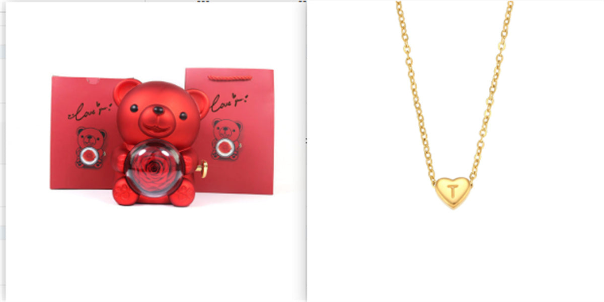 Eternal Rose Teddy Bear Gifts Box With Necklace Rotate Rose Jewelry Box Valentine Wedding Storage Gift Case For Women Girlfriend Clarke Vibe Store