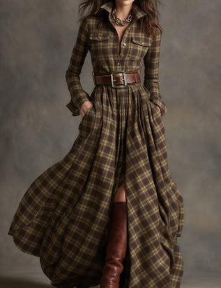 Ins Plaid Print Long-Sleeved Dress Fashion Pockets Collared Buttons Shirt Long Dresses Retro Women's Clothing Siqur Salute