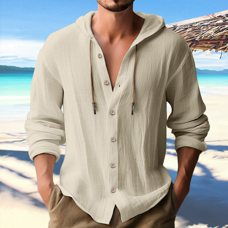 Cotton And Linen Shirt Hooded Sweater Button Long Sleeve Clarke Vibe Store