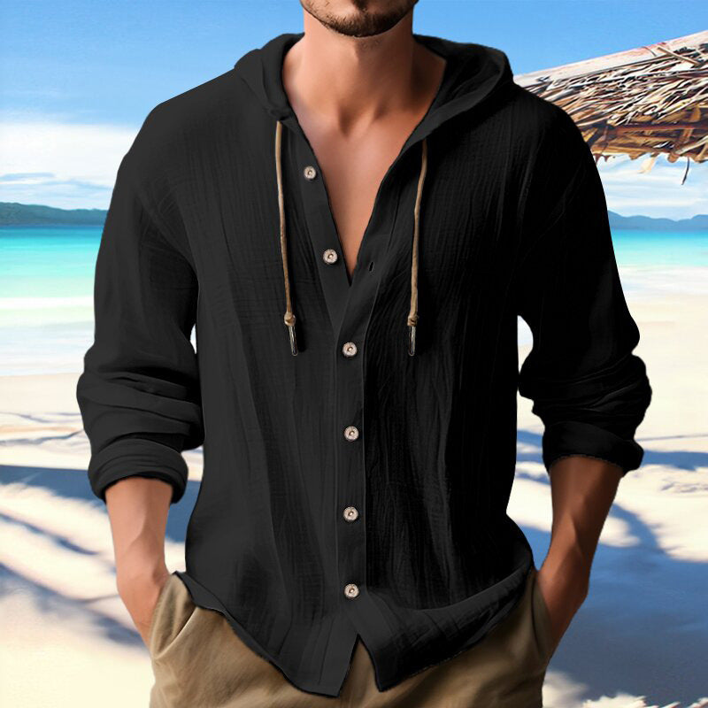 Cotton And Linen Shirt Hooded Sweater Button Long Sleeve Clarke Vibe Store