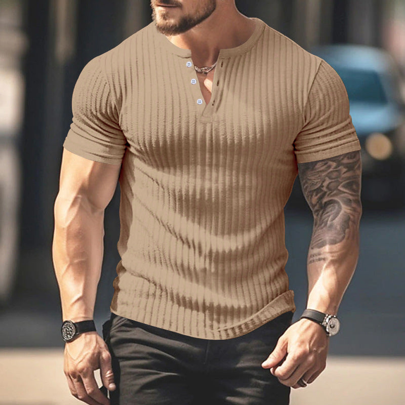 Men's Short Sleeve Top Sunken Stripe V-neck Slim Fit Henley T-shirt Siqur Salute