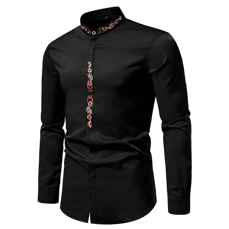 Mens Fashion Embroidered Casual Long-Sleeve Shirt Siqur Salute