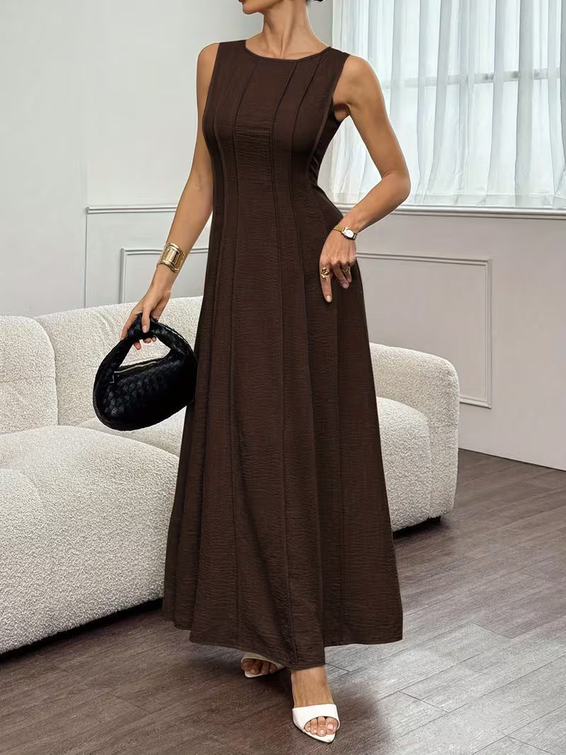 Womens Sleeveless Crew-Neck Pleated Elegant Stylish Maxi Dress Clarke Vibe Store
