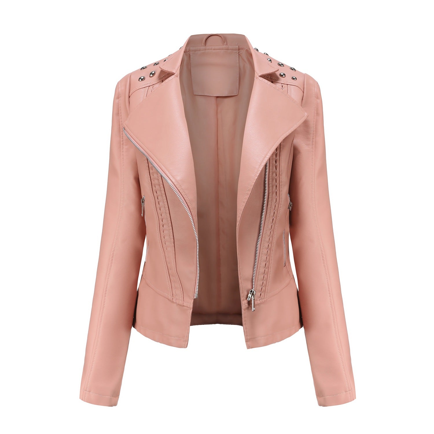Beaded Leather Women's Long-sleeved Fashion Jacket Lapel Motorcycle Clothing Thin Women's Jacket Clarke Vibe Store