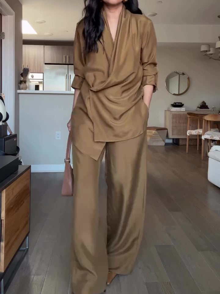 Wrap-style Satin Blouse And Wide-leg Pants Set Clarke Vibe Store