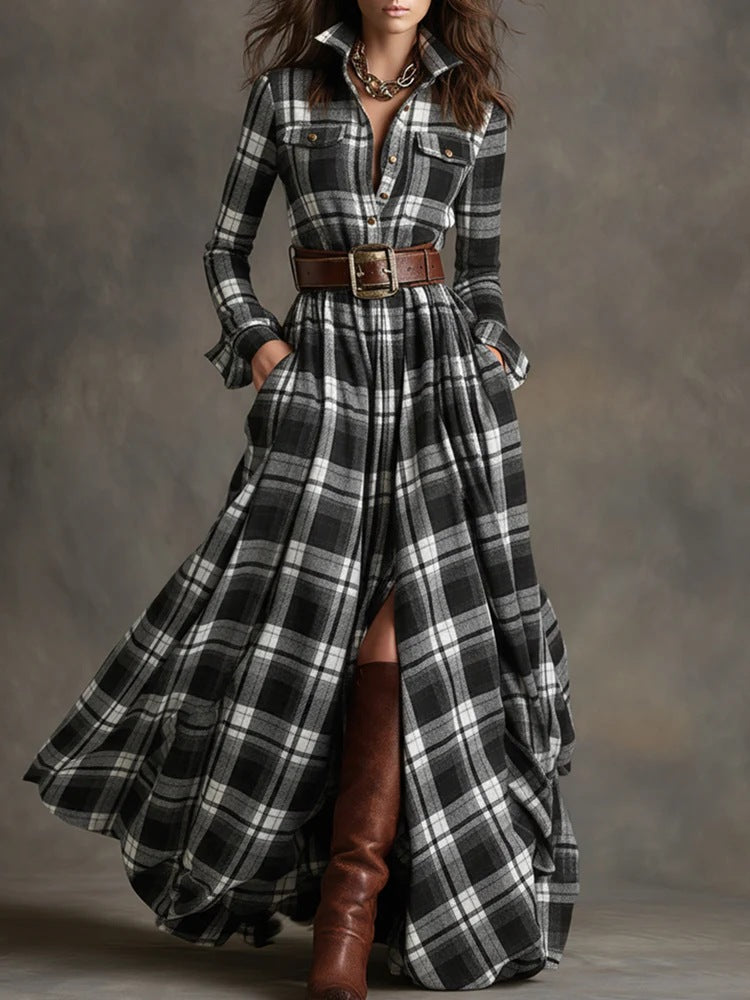 Ins Plaid Print Long-Sleeved Dress Fashion Pockets Collared Buttons Shirt Long Dresses Retro Women's Clothing Siqur Salute