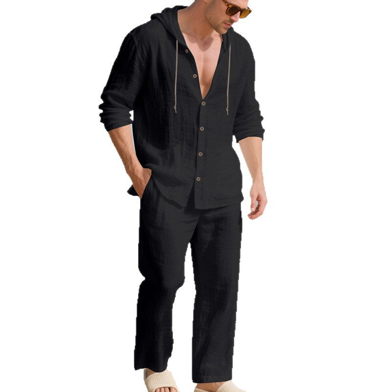 Loose, Breathable Linen Casual Hooded Long-sleeve Shirt And Pants Set Siqur Salute