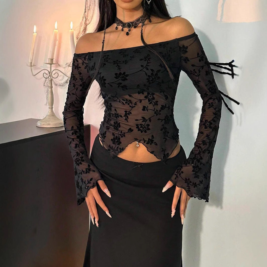 Womens Solid-Color Elegant Floral Mesh Off-the-Shoulder Flare-Sleeve Top Clarke Vibe Store