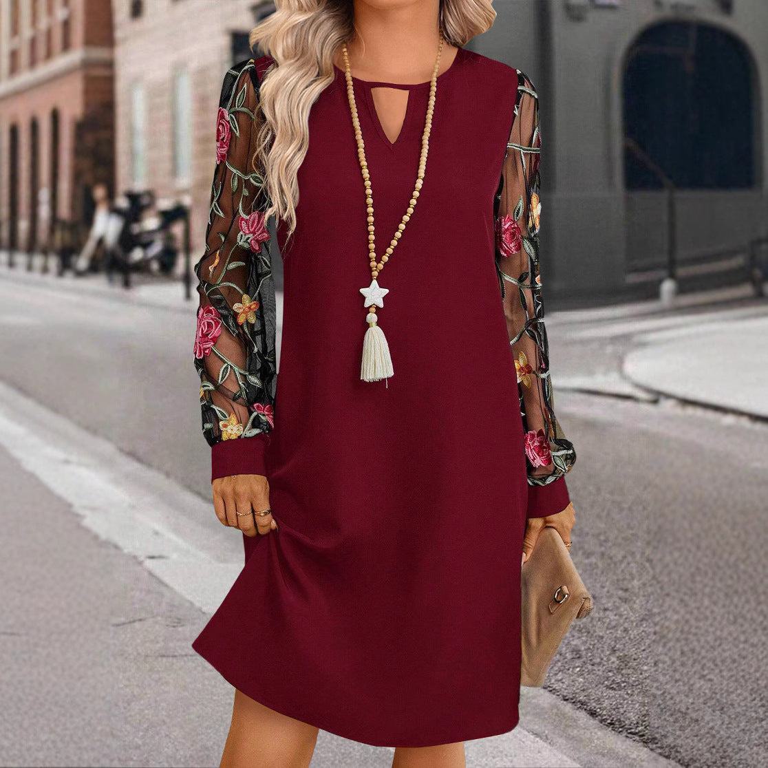 Women's Round Neck Lace Long Sleeve Dress Clarke Vibe Store