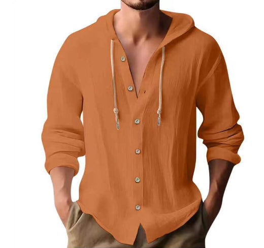 Cotton And Linen Shirt Hooded Sweater Button Long Sleeve Clarke Vibe Store