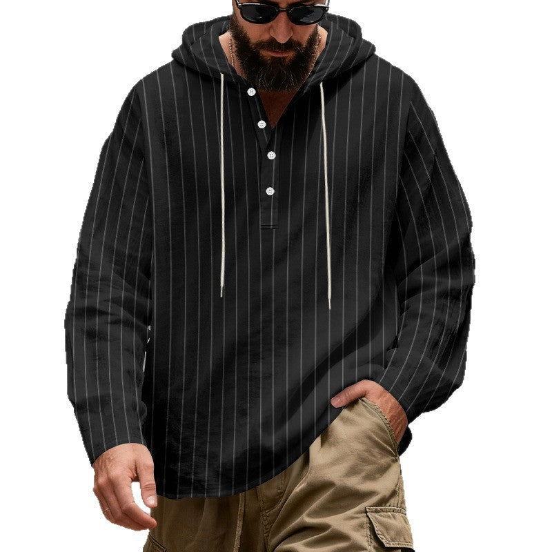Mens Loose-Fit Plus-Size Casual Linen Striped Hooded Shirt Siqur Salute