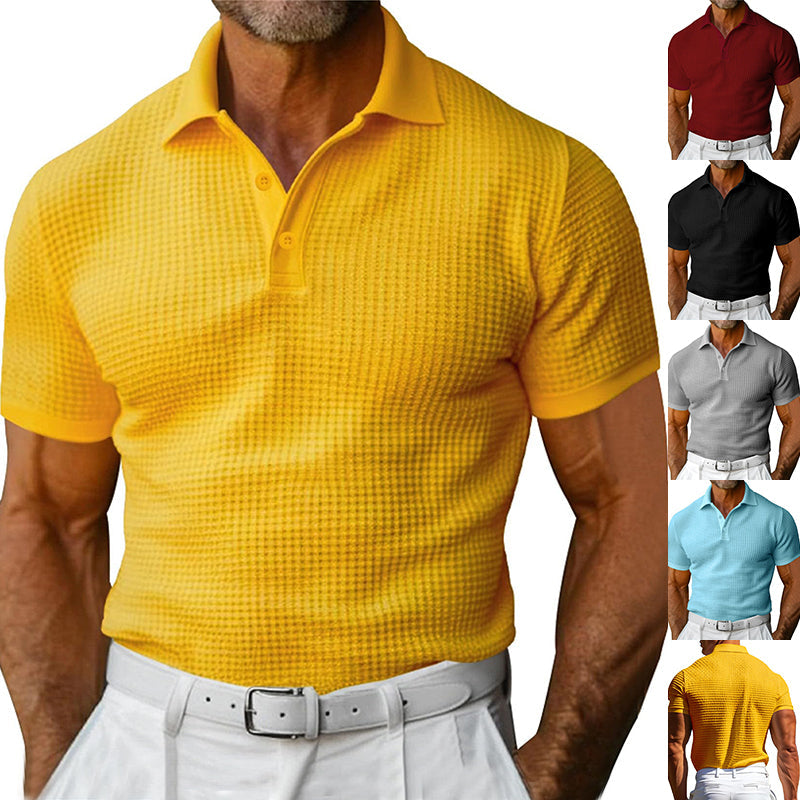Waffle Short Sleeve Polo Shirt Men's Fashion Summer Lapel Tops Siqur Salute