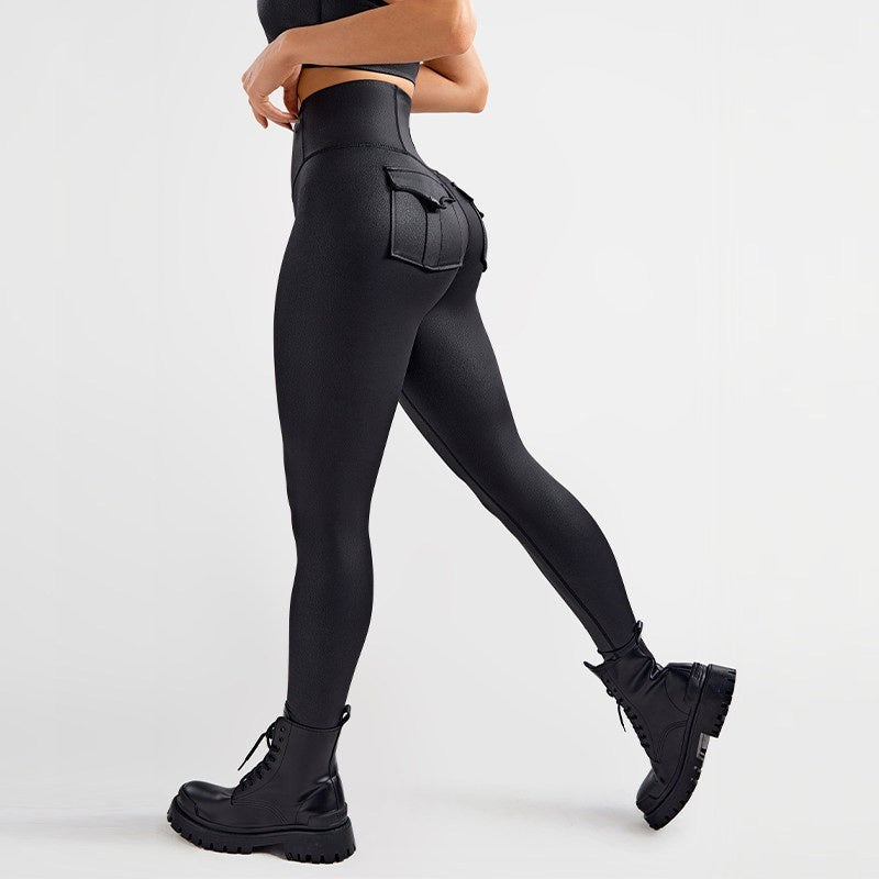Clarke Vibe Store six-pack abs workout cargo tights for women, high-waist slimming yoga pants suitable for outdoor running and fitness.