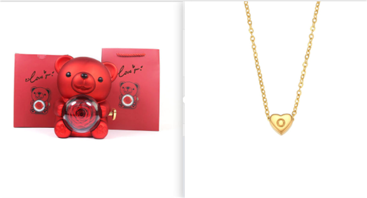 Eternal Rose Teddy Bear Gifts Box With Necklace Rotate Rose Jewelry Box Valentine Wedding Storage Gift Case For Women Girlfriend Clarke Vibe Store