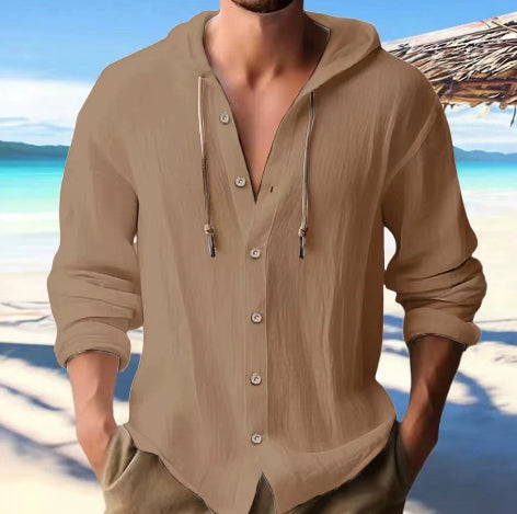 Cotton And Linen Shirt Hooded Sweater Button Long Sleeve Clarke Vibe Store