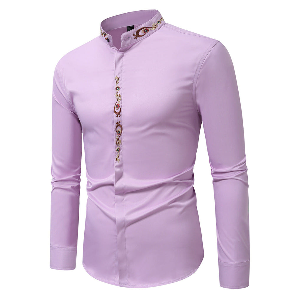 Mens Fashion Embroidered Casual Long-Sleeve Shirt Siqur Salute
