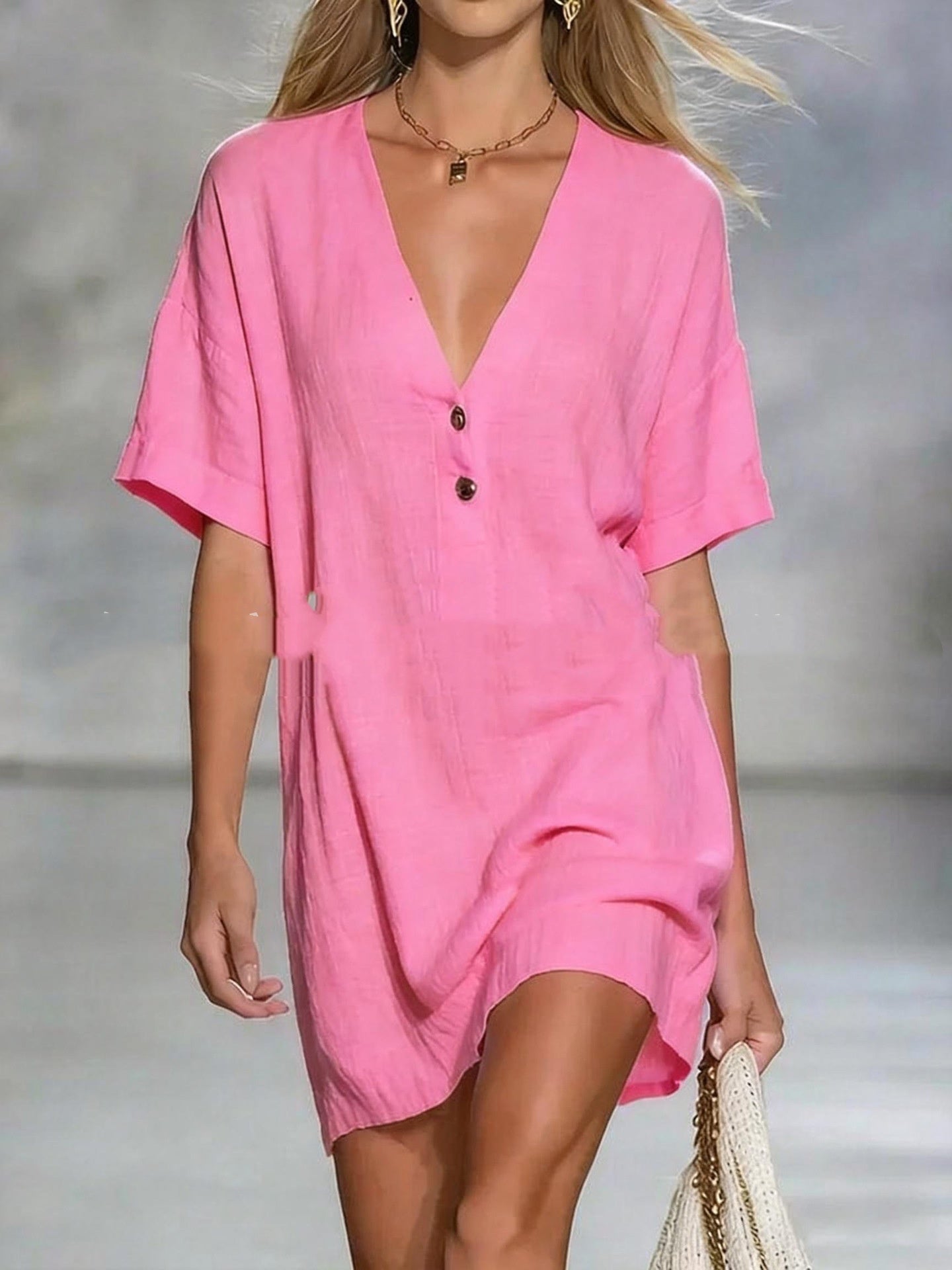 Short-Sleeve V-Neck Cotton-Linen Loose Dress Clarke Vibe Store
