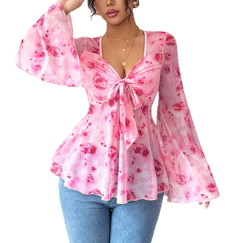 Womens Mesh Red Rose Print V-Neck Top Siqur Salute