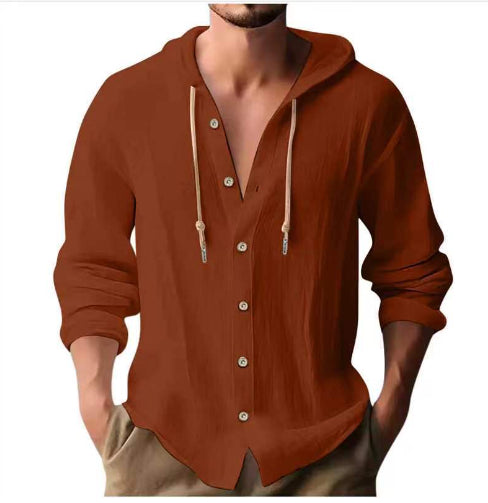 Cotton And Linen Shirt Hooded Sweater Button Long Sleeve Clarke Vibe Store