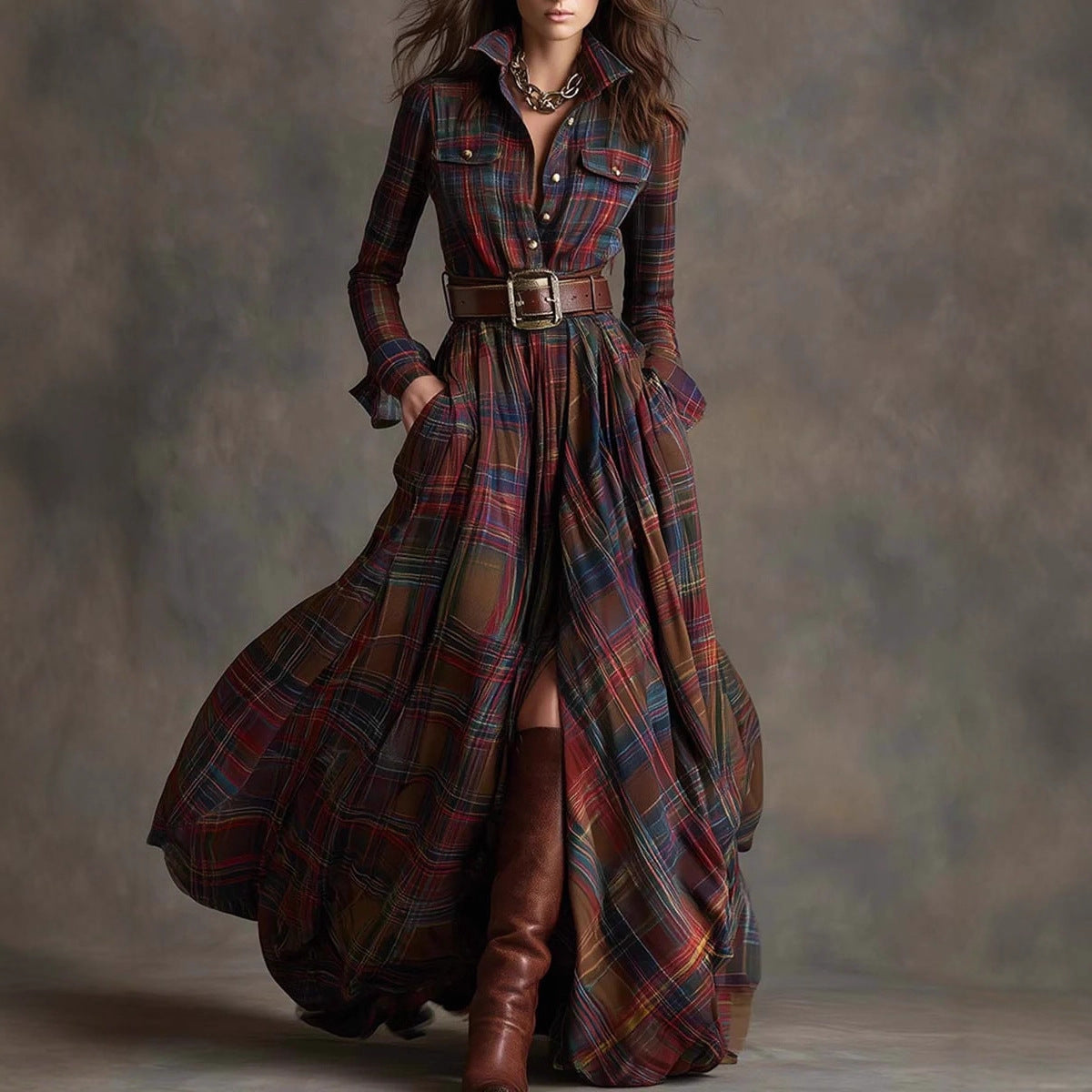 Ins Plaid Print Long-Sleeved Dress Fashion Pockets Collared Buttons Shirt Long Dresses Retro Women's Clothing Siqur Salute