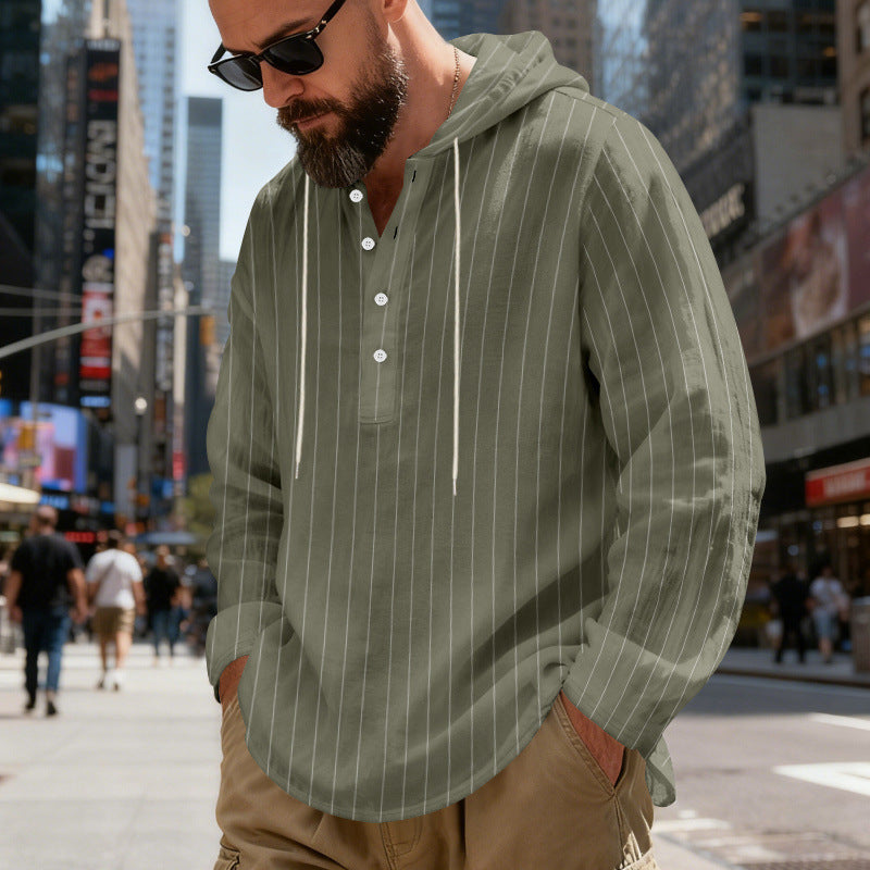 Mens Loose-Fit Plus-Size Casual Linen Striped Hooded Shirt Siqur Salute