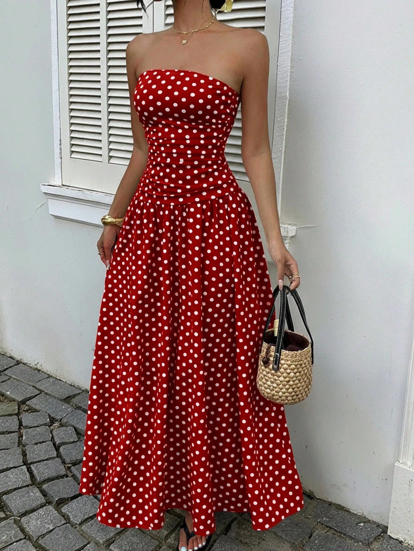 Off-the-shoulder Polka-dot A-line Waist-cinched Figure-flattering Dress Clarke Vibe Store