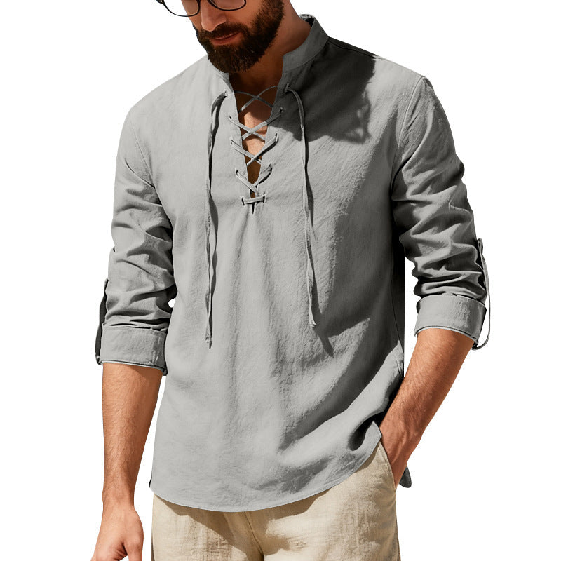 Mens Casual Long-sleeve Linen Henley Shirt Clarke Vibe Store