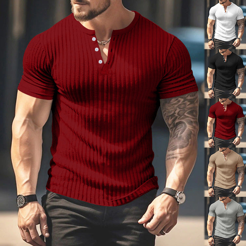 Men's Short Sleeve Top Sunken Stripe V-neck Slim Fit Henley T-shirt Siqur Salute